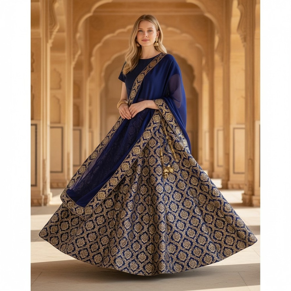 Lehenga Choli Women Small Blue Brocade Gold Tassel Wedding EUC